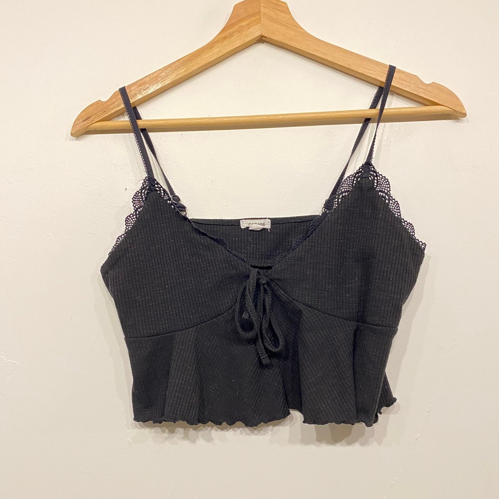 Garage Black Y2K Ribbed Lace Trim Tie Front Peplum Cami Crop Top Small